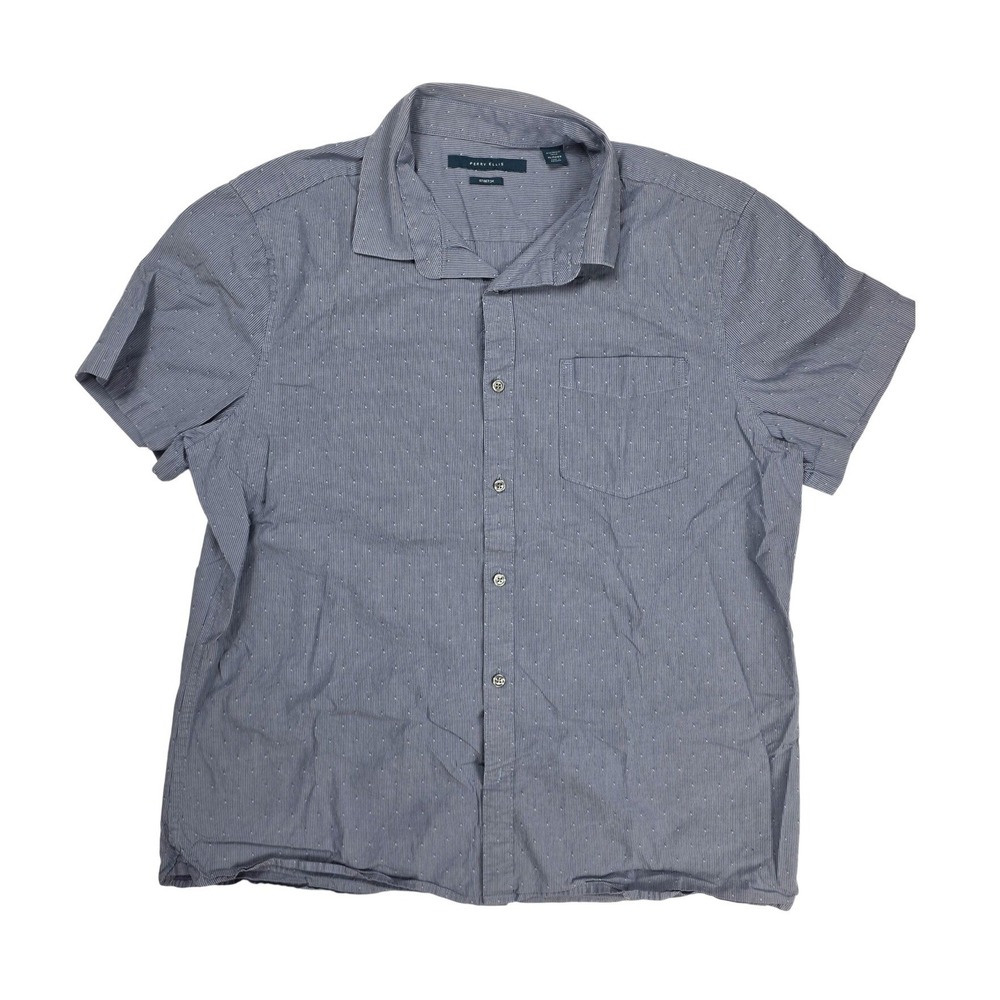 Perry Ellis Stretch Grey Blue Polka Pattern S/S Button Up Shirt Men's Size XL